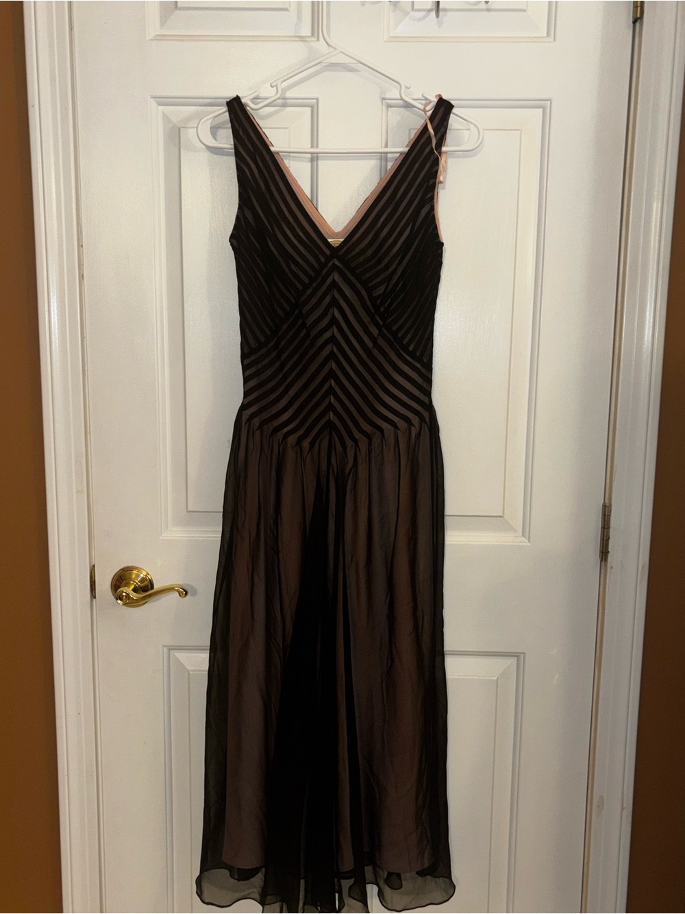 V-Neck Striped Mesh Midi Dress - Black